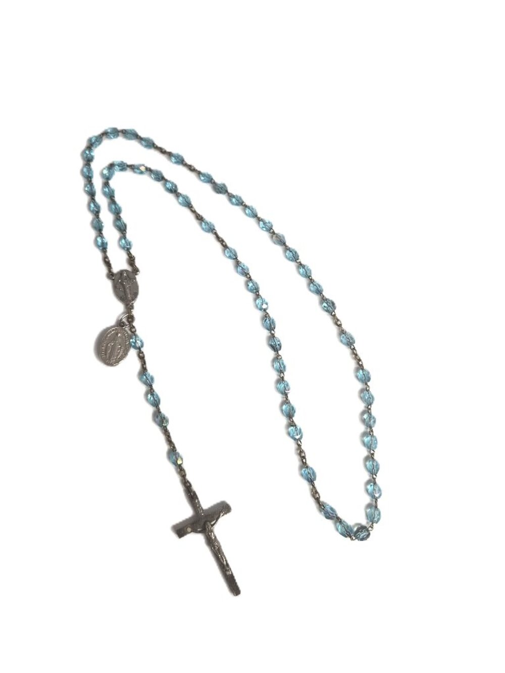 VTG Medugorje Stone Rosary Italian Miraculous Medal 1830 Blue Glass Catholic Gif